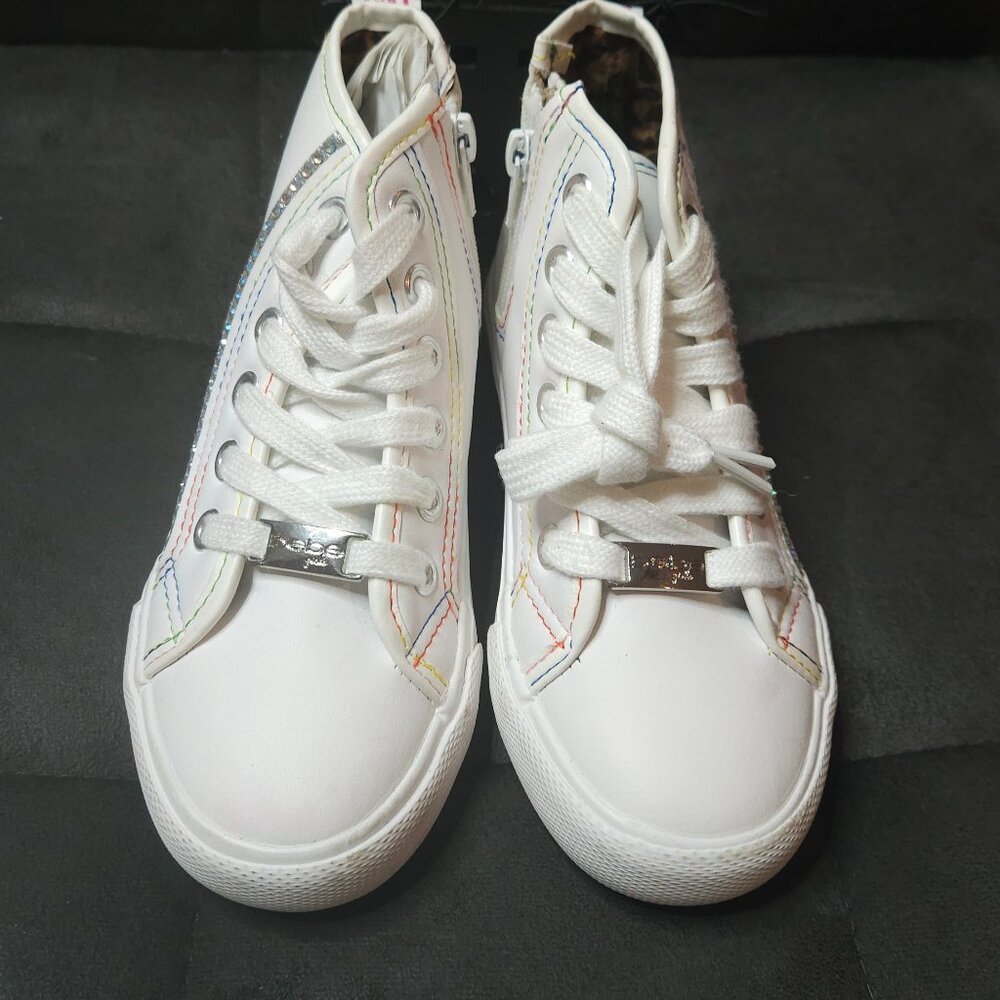 Bebe Girls White High Top Sneakers | Size 10 | Rainbow Stitching + Side Zip